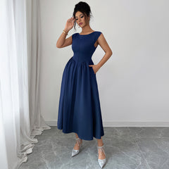 Gaovot Summer elegant solid color cinched waist ankle-length dress pocket design tank dress
