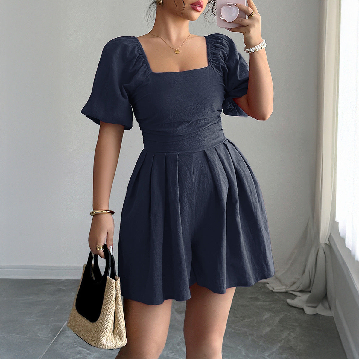 Gaovot Square Neck Ruched Waist Puff Sleeve Romper for Daily Wear