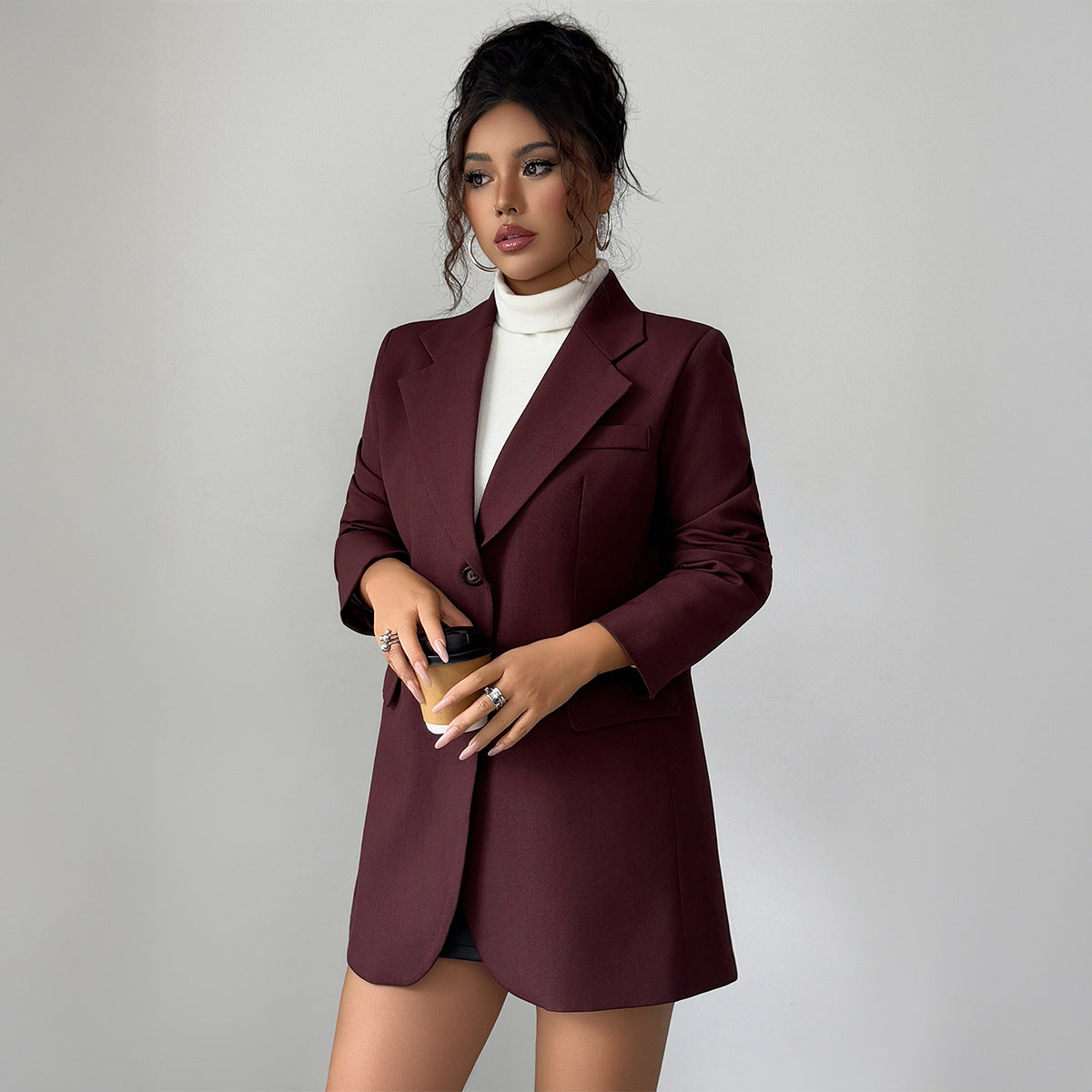 Gaovot Burgundy Lapel Collar Open Front Long Sleeve Oversized Blazer for Office & Daily Wear