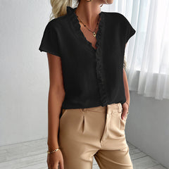 Gaovot Casual and simple wooden ear round-neck short-sleeved women's shirt for women