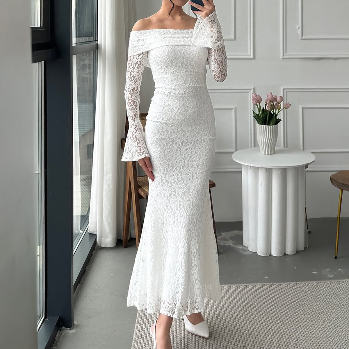 Gaovot Elegant style lace long-sleeved plunging-sleeve sexy long dress dress for women