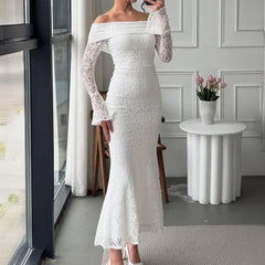 Gaovot Elegant style lace long-sleeved plunging-sleeve sexy long dress dress for women