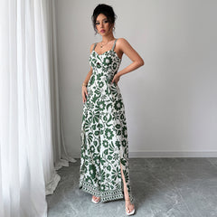 Gaovot Summer Boho Elegant Floral Print Spaghetti Strap Tie Front Side Slit Maxi Women Jumpsuits