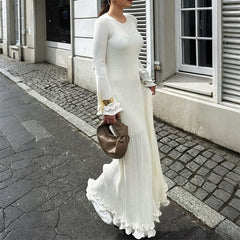 Gaovot Casual and simple solid-color wide-neck long-sleeved sweater long maxi women's dress