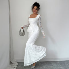 Gaovot Lace Square Neck Long Sleeve Peplum Mermaid Maxi Dress