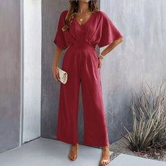 Gaovot Women's short-sleeved solid-color elegant casual wide-leg Jumpsuits