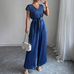 Gaovot V Neck Short Sleeve Tie Waist Satin Wide Leg Jumpsuit