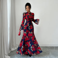 Gaovot Floral Print High Neck Long Sleeve Tie Detail Flared Women Maxi Dress