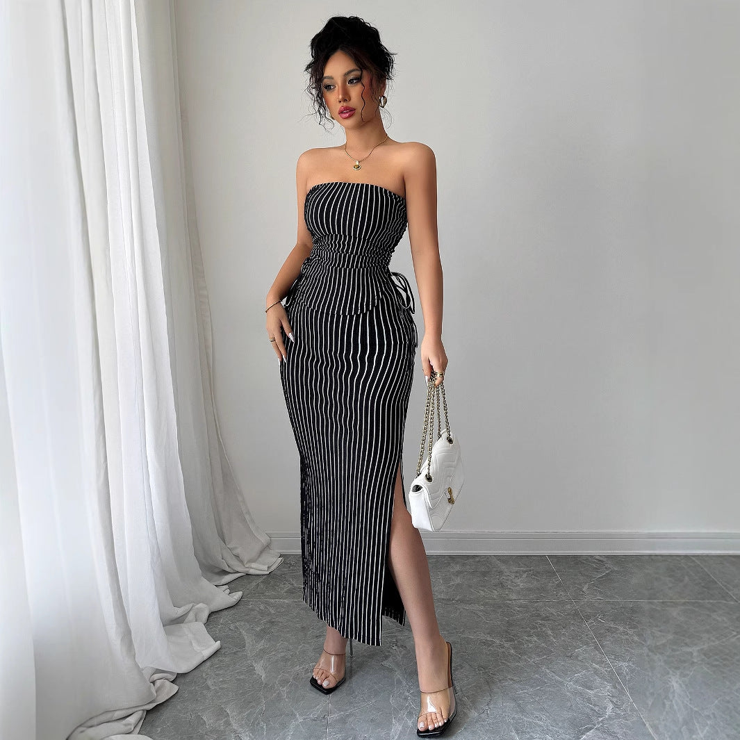 Gaovot Black & White Striped Strapless Crop Top & Maxi Skirt Matching Set for Party