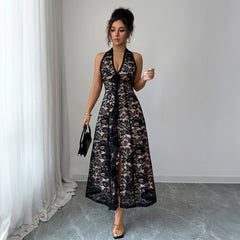 Gaovot Glamorous Black Lace Halter Neck V Neck High Slit Maxi Dress for Formal Events