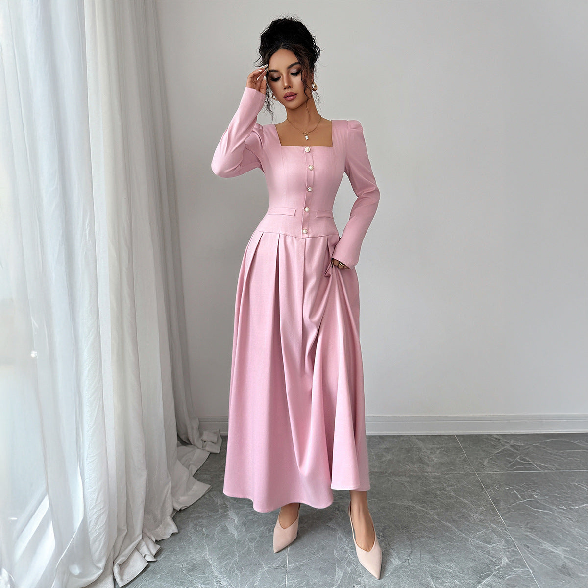 Gaovot Pink Square Neck Long Sleeve A-Line Maxi Dress for Formal Occasions