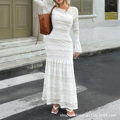 Gaovot Elegant White Lace Long Sleeve Tiered Maxi Dress