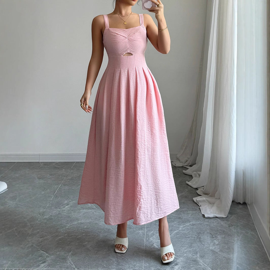 Gaovot Elegant Pink Stap Cutout Waist Flared Maxi Dress