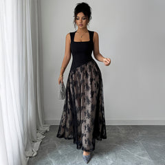 Gaovot Elegant Black Square Neck Contrast Mesh Floral Print Maxi Women Dresses