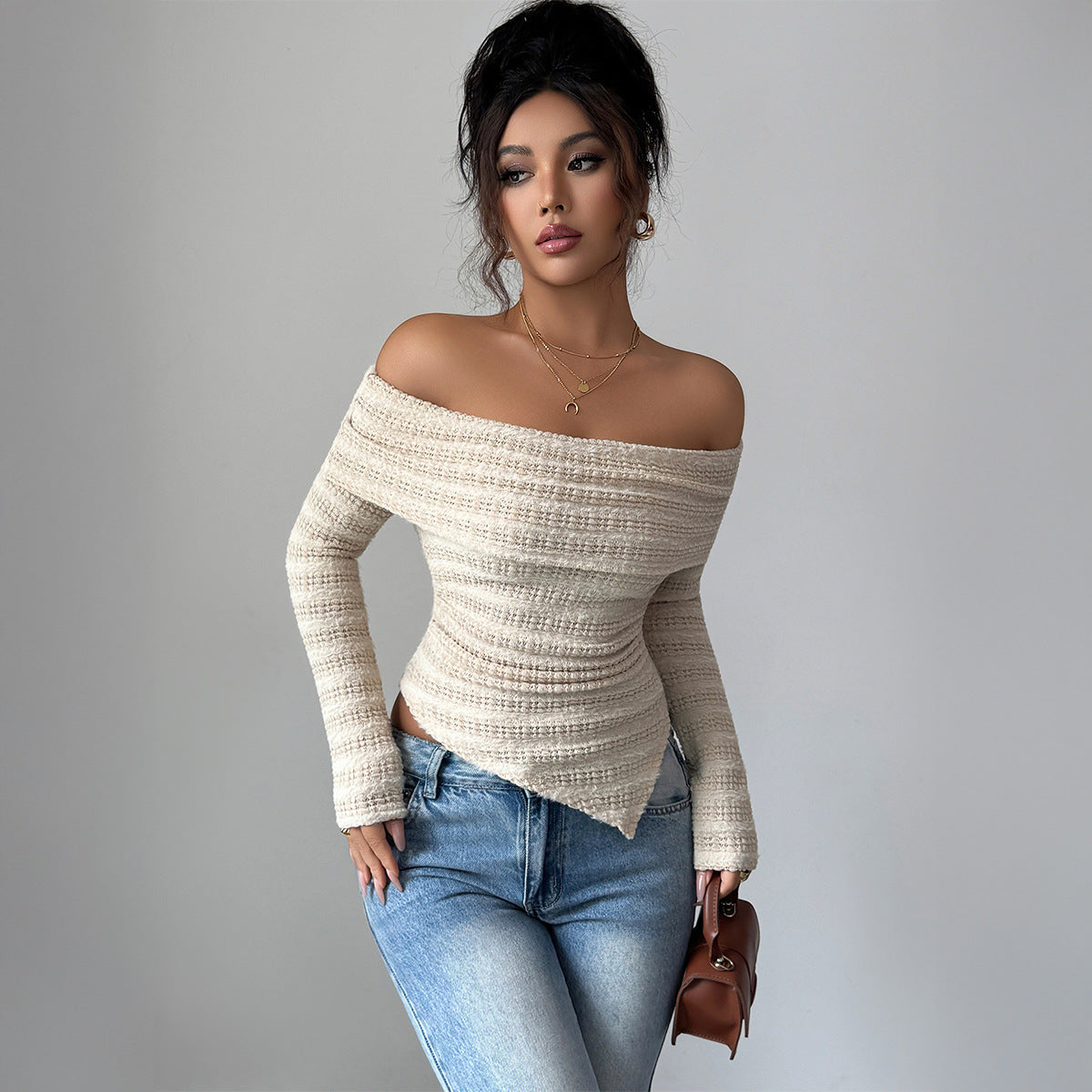 Gaovot Trendy Off Shoulder Asymmetrical Hem Ruched Knit Top