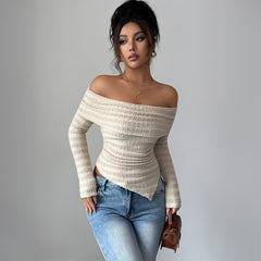 Gaovot Trendy Off Shoulder Asymmetrical Hem Ruched Knit Top