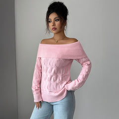 Gaovot Cozy Beige Off Shoulder Cable Knit Long Sleeve Sweater For Women