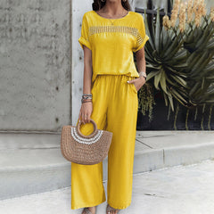 Gaovot Spring and Summer Fashion Vacation Lace Patchwork Short-Sleeved Long Pants Set Women