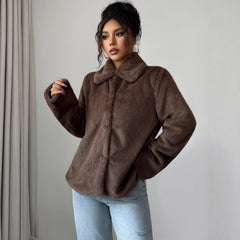 Gaovot Faux Fur Lapel Collar Button Front Long Sleeve Cropped Women Coat