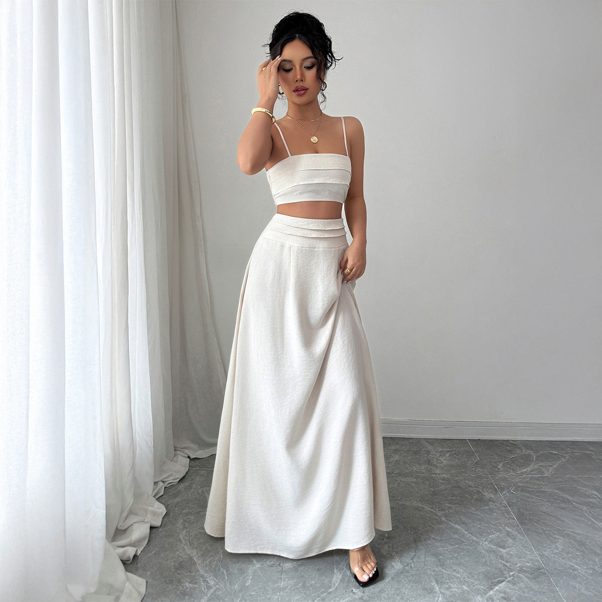 Gaovot Elegant White Cami Crop Top & High Waist Maxi Skirt Two Piece Set