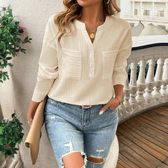 GAOVOT V Neck Spring and Summer Women Blouse Long Sleeve Pocket Casual Women Tops