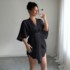 Gaovot Satin Deep V Neck Batwing Sleeve Asymmetrical Hem Mini Dress for Evening