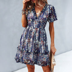 Gaovot Chiffon printed women's dress with deep V cut - sexy beach vacation dress for women