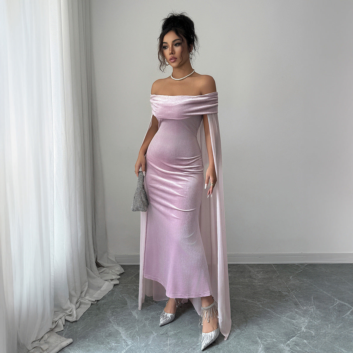 Gaovot Lavender Off Shoulder Velvet Maxi Dress with Sheer Cape Overlay for Party & Evening