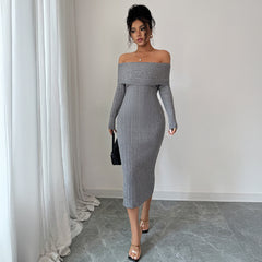 Gaovot Off Shoulder Long Sleeve Ribbed Knit Bodycon Midi Dress for Daily Wear