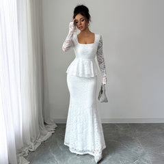 Gaovot Lace Square Neck Long Sleeve Peplum Mermaid Maxi Dress