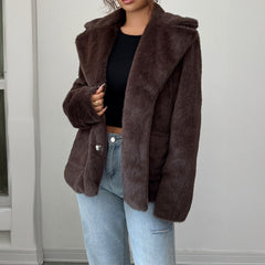 Gaovot Faux Fur Lapel Collar Button Front Pocket Detail Long Sleeve Mid-length Coat