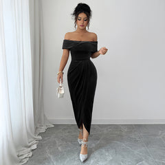 Gaovot Women Off Shoulder Velvet Wrap Detail Midi Dress for Evening