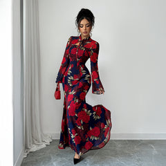 Gaovot Floral Print High Neck Long Sleeve Tie Detail Flared Women Maxi Dress