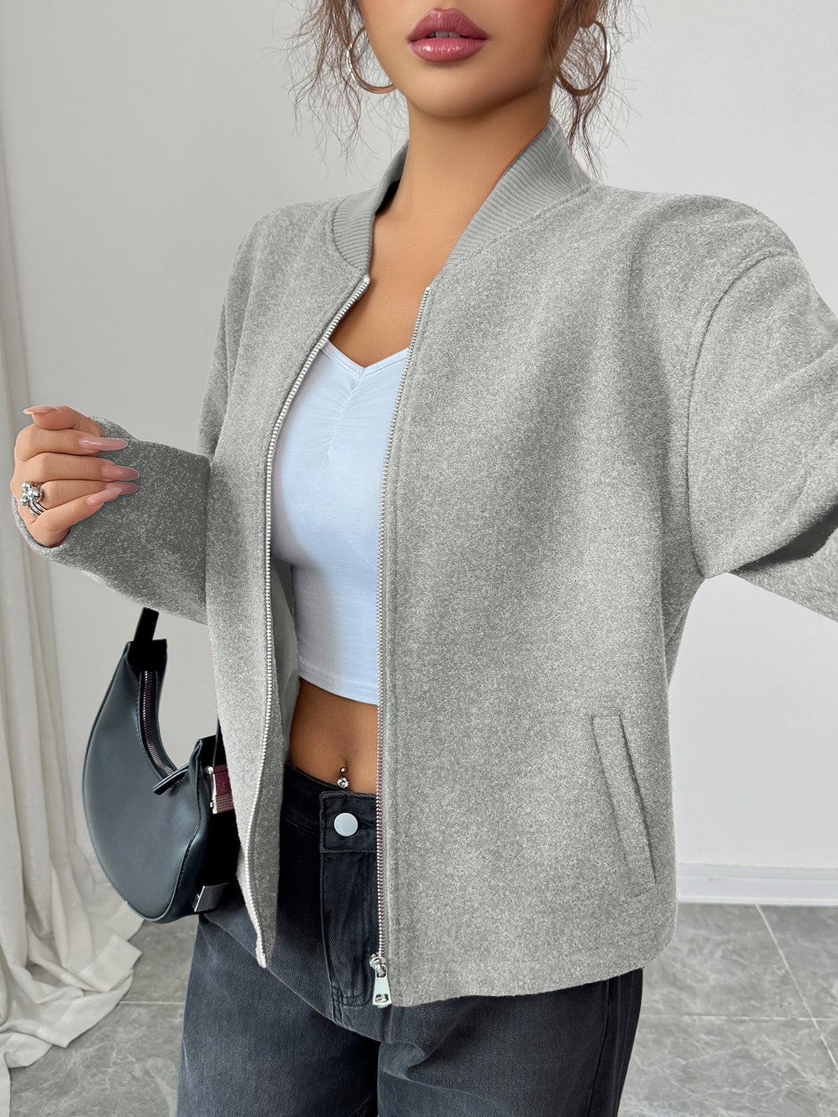 Gaovot Women Stand Collar Zip Up Long Sleeve Cropped Jacket for Casual Outings