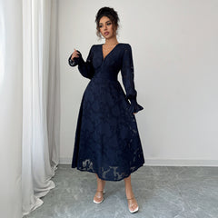 Gaovot Navy Blue Lace V-Neck Lantern Sleeve Midi Dress