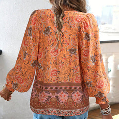 Gaovot Summer Bohemian Print Shirt for Women with Loose Long Sleeves and V-Neck - Spring Women's Dress