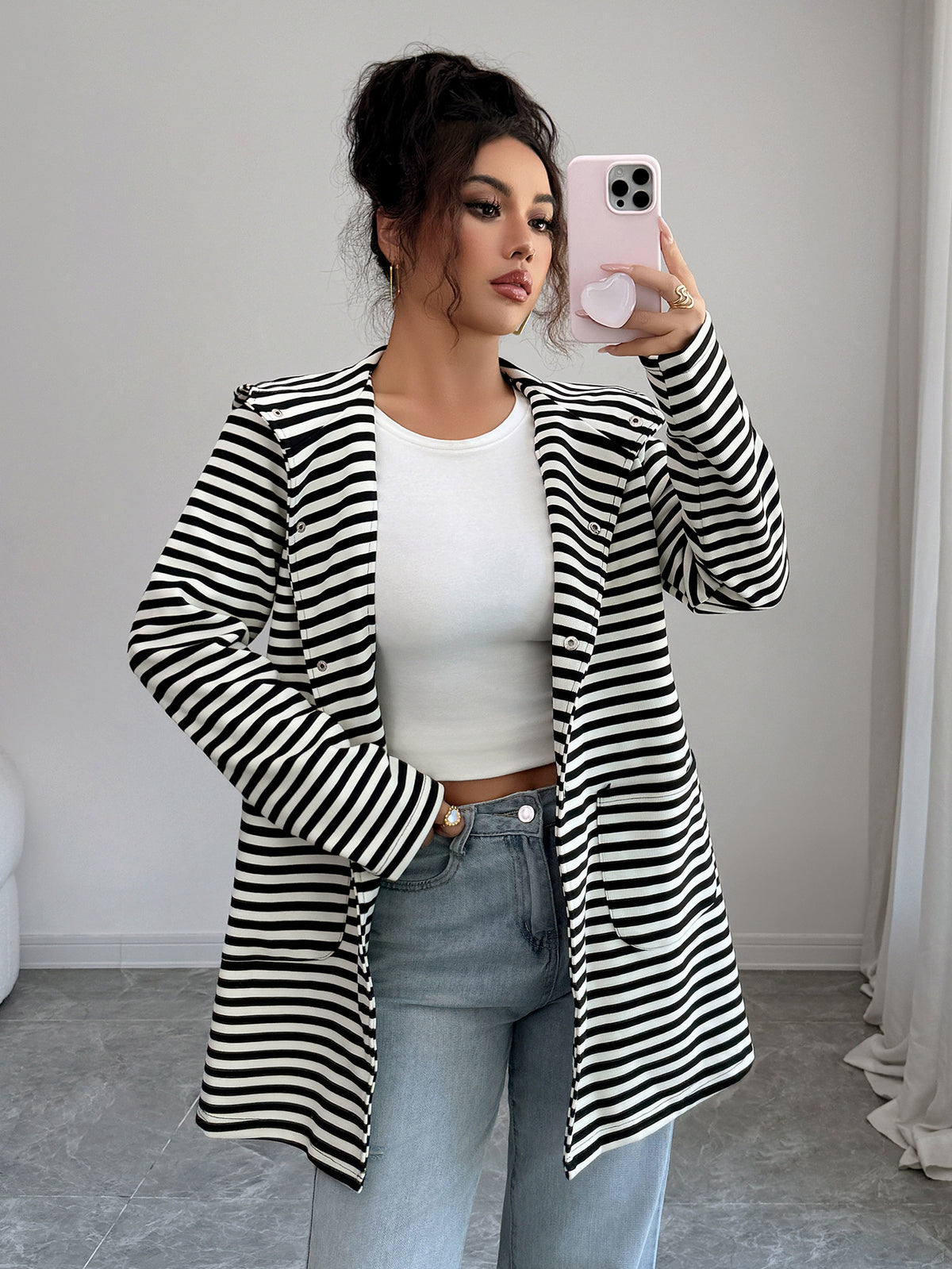 Gaovot Women Striped Lapel Collar Open Front Long Sleeve Blazer