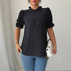 Gaovot Ruffle Neck Puff Sleeve Swiss Dot Blouse for Daily Wear