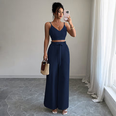 Gaovot Olive Green Two-Piece Set Strap Crop Top & Wide-Leg Pants