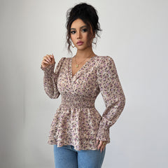 Gaovot Dusty Pink Floral Print V Neck Long Sleeve Smocked Waist Peplum Women Blouse