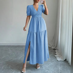 Gaovot V Neck Puff Sleeve Smocked Waist Tiered Maxi Dress with Side Slit