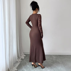 Gaovot Chocolate Lace Long Sleeve Split Thigh Bodycon Maxi Dress for Party