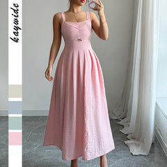 Gaovot Elegant Pink Stap Cutout Waist Flared Maxi Dress