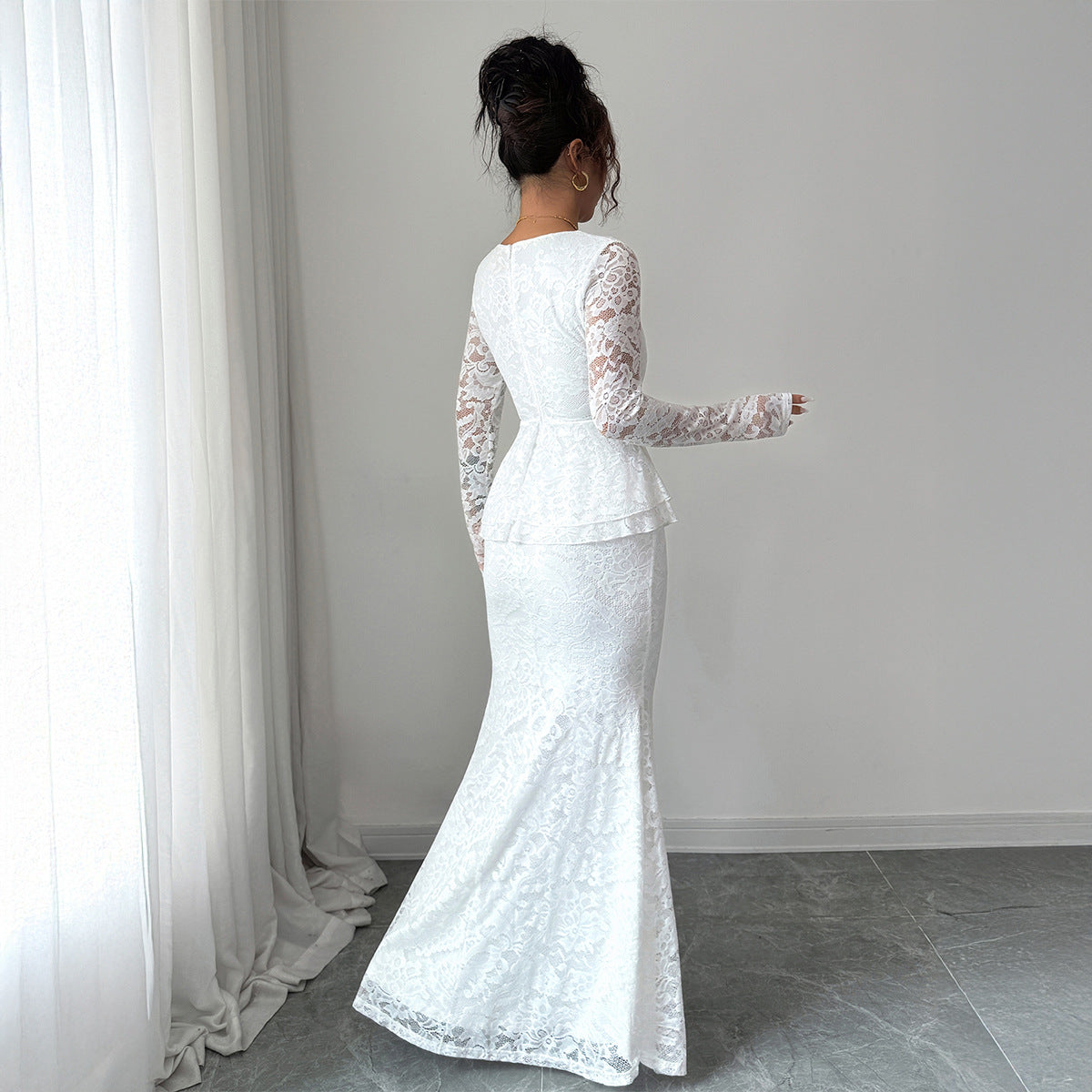 Gaovot Lace Square Neck Long Sleeve Peplum Mermaid Maxi Dress