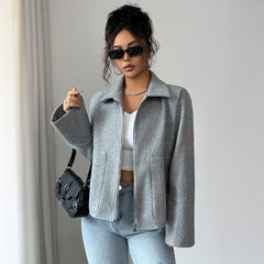 Gaovot Casual Grey Funnel Neck Zip Up Long Sleeve Cropped Jacket