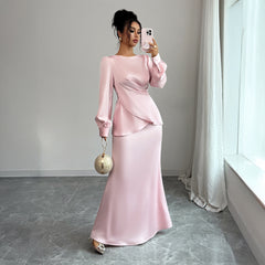 Gaovot Elegant Pink Satin Long Sleeve Wrap Blouse & Mermaid Maxi Skirt Two Piece Set