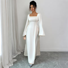 Gaovot Square Neck Long Sleeve Ruched Waist Maxi Dress for Formal Occasions