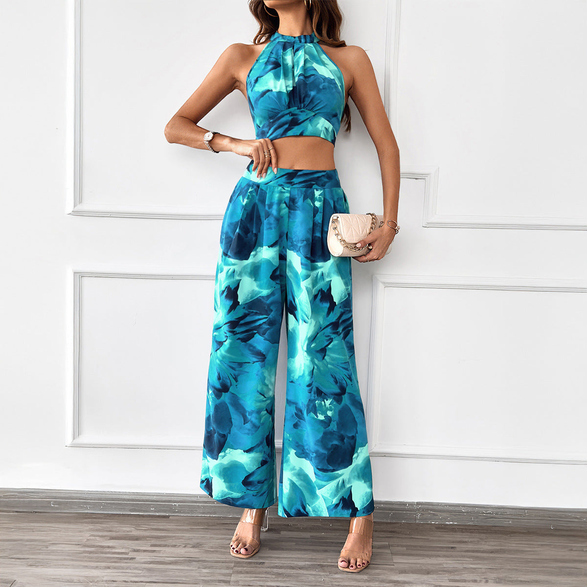 Gaovot Casual commuting vacation style color-blocked neck-up top paired with wide-leg pants set for women