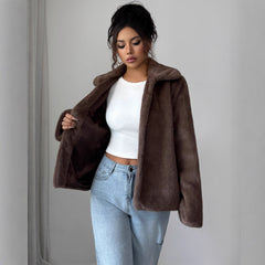 Gaovot Faux Fur Lapel Collar Button Front Long Sleeve Cropped Women Coat