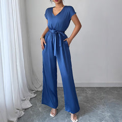 Gaovot V Neck Short Sleeve Tie Waist Satin Wide Leg Jumpsuit